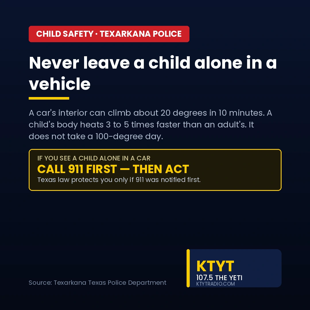 Never leave a child alone in a vehicle, Texarkana police warn as heat builds